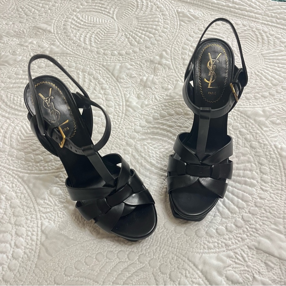 YVES SAINT LAURENT Tribute Heel Sandals Black Patent Leather 130mm Size 37.5 - Picture 4 of 12